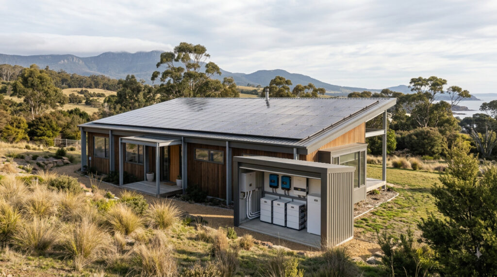 Modern rural home featuring a complete off-grid setup in Tasmania, showcasing a large rooftop array of solar panels and an exterior enclosure for battery storage and inverters, designed by Expert Energy Tasmania